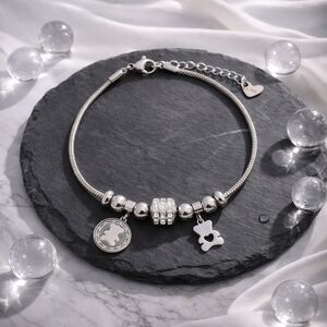 18K White Gold Plated Bear Charm Bracelet with Rhinestones Beads Trendy Gift